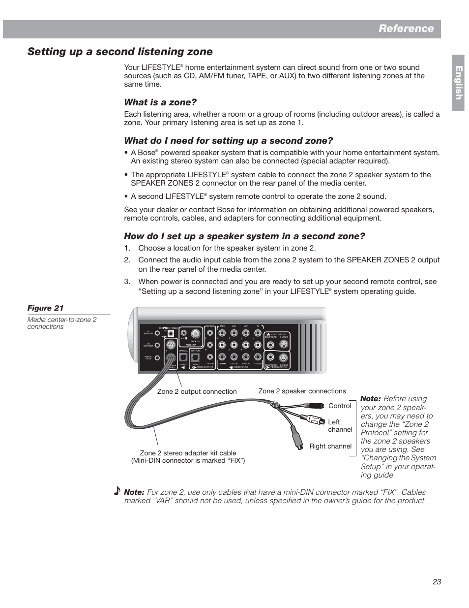 Setting up a second listening zone, What is a zone, What do i need for setting up a second zone | How do i set up a speaker system in a second zone, Reference, English, Your lifestyle, A bose, System operating guide. figure 21, Media center-to-zone 2 connections | Bose 18 User Manual | Page 23 / 28