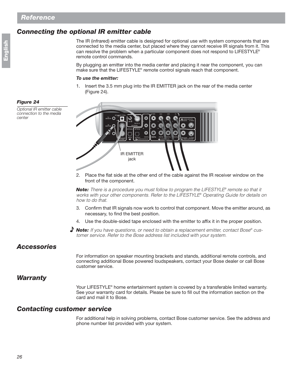 Connecting the optional ir emitter cable, Accessories, Warranty | Contacting customer service, Reference, English, Your lifestyle, Ir emitter jack | Bose 18 User Manual | Page 26 / 28