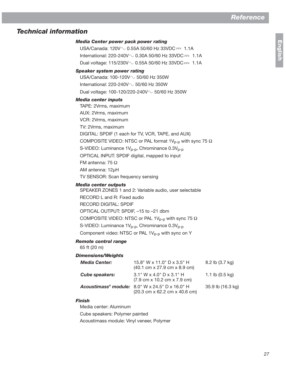 Technical information, Reference | Bose 18 User Manual | Page 27 / 28