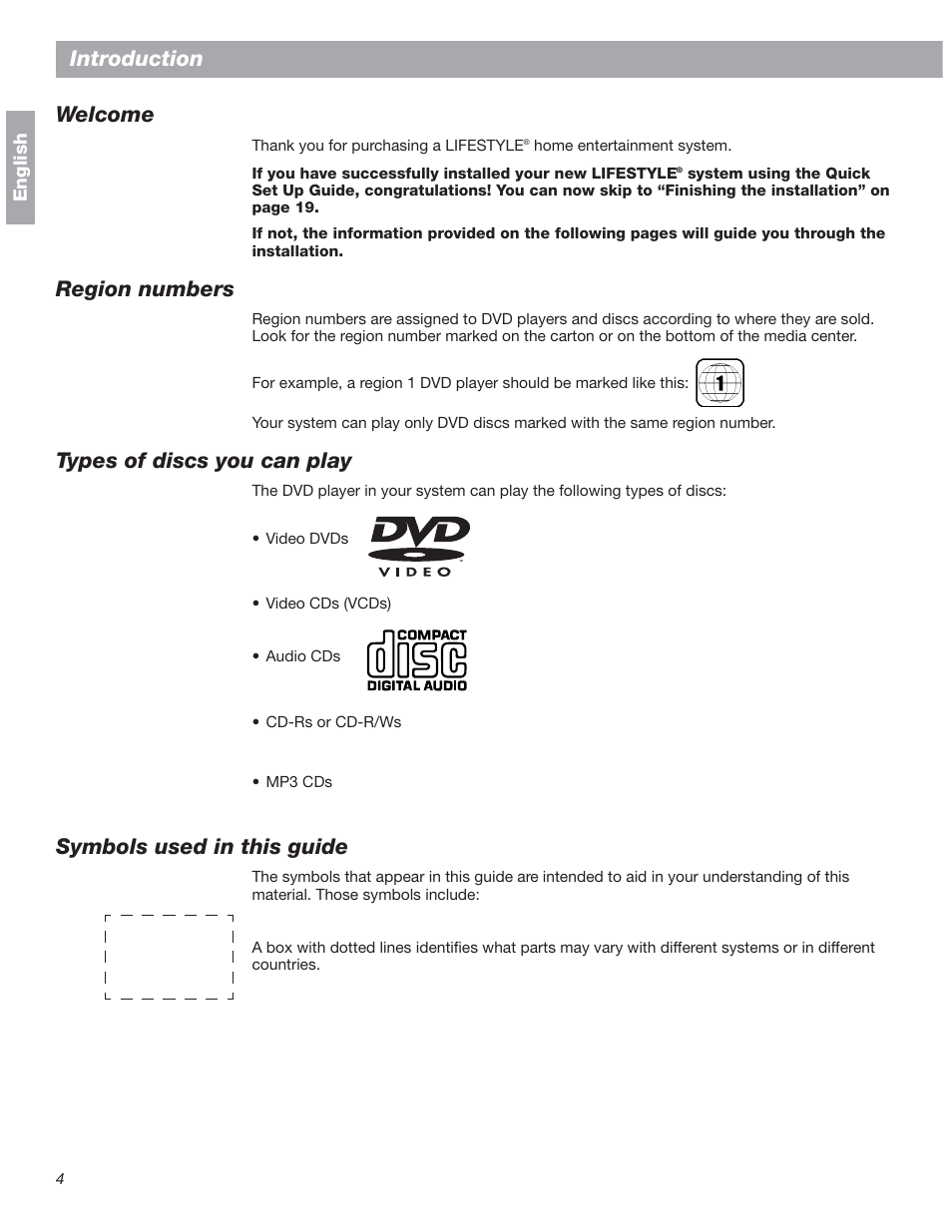 Introduction, Welcome, Region numbers | Types of discs you can play, Symbols used in this guide, Introduction w elcome, T ypes of discs you can play | Bose 18 User Manual | Page 4 / 28