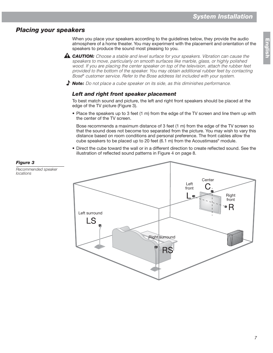 Placing your speakers, Left and right front speaker placement, System installation | Bose 18 User Manual | Page 7 / 28