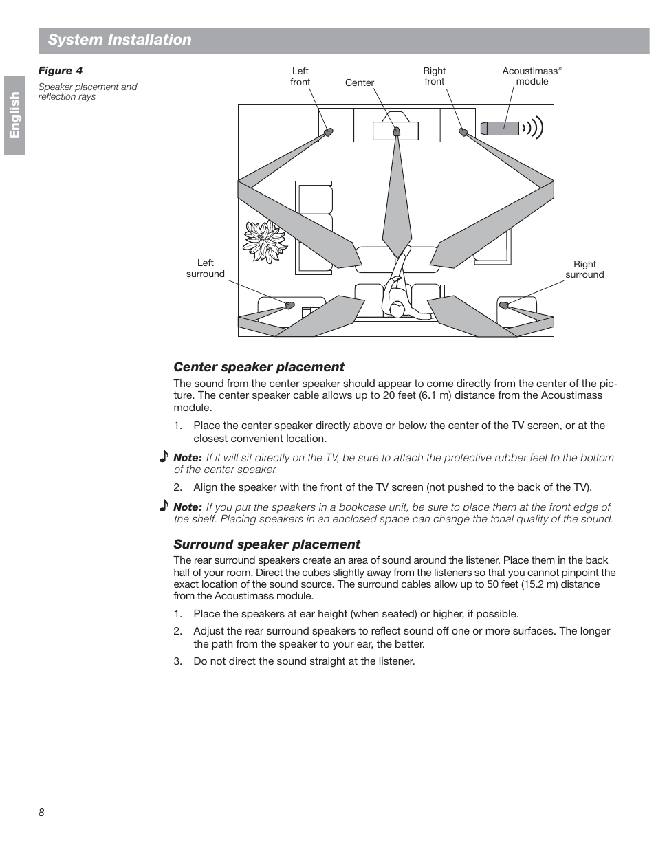Center speaker placement, Surround speaker placement, System installation | Bose 18 User Manual | Page 8 / 28