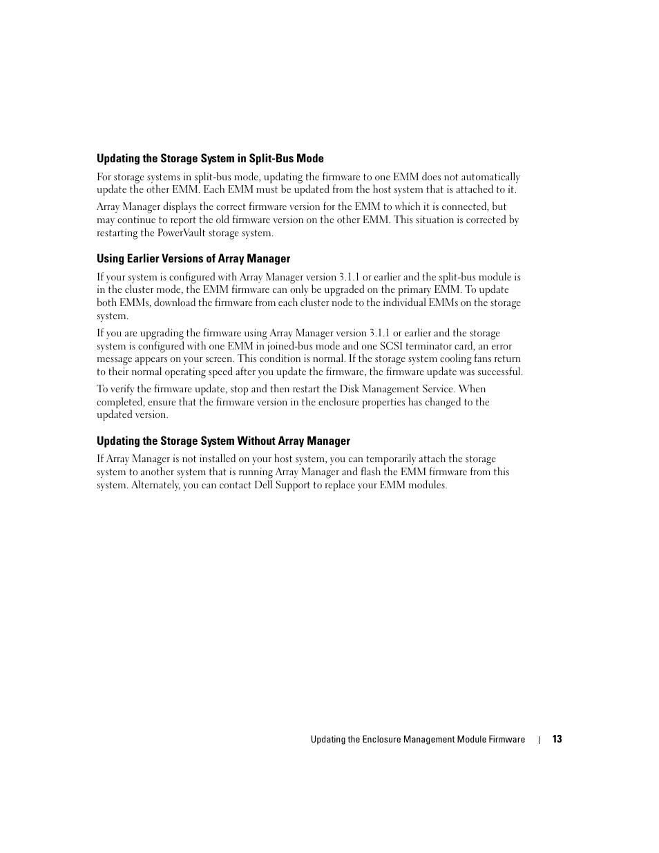 Updating the storage system in split-bus mode, Using earlier versions of array manager, Updating the storage system without array manager | Dell PowerVault 220S (SCSI) User Manual | Page 13 / 14