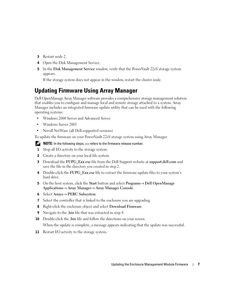 Updating firmware using array manager | Dell PowerVault 220S (SCSI) User Manual | Page 7 / 14