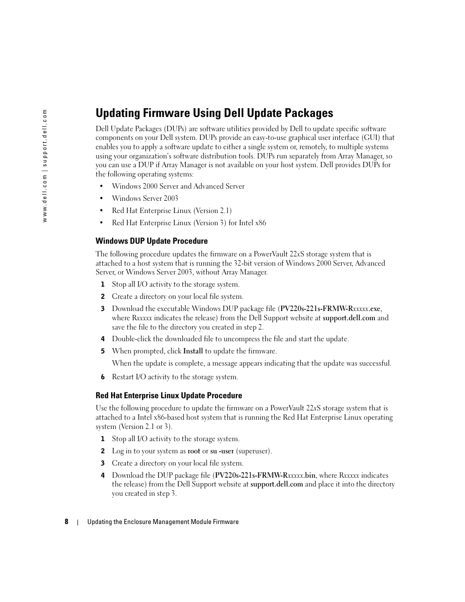 Updating firmware using dell update packages, Windows dup update procedure, Red hat enterprise linux update procedure | Dell PowerVault 220S (SCSI) User Manual | Page 8 / 14