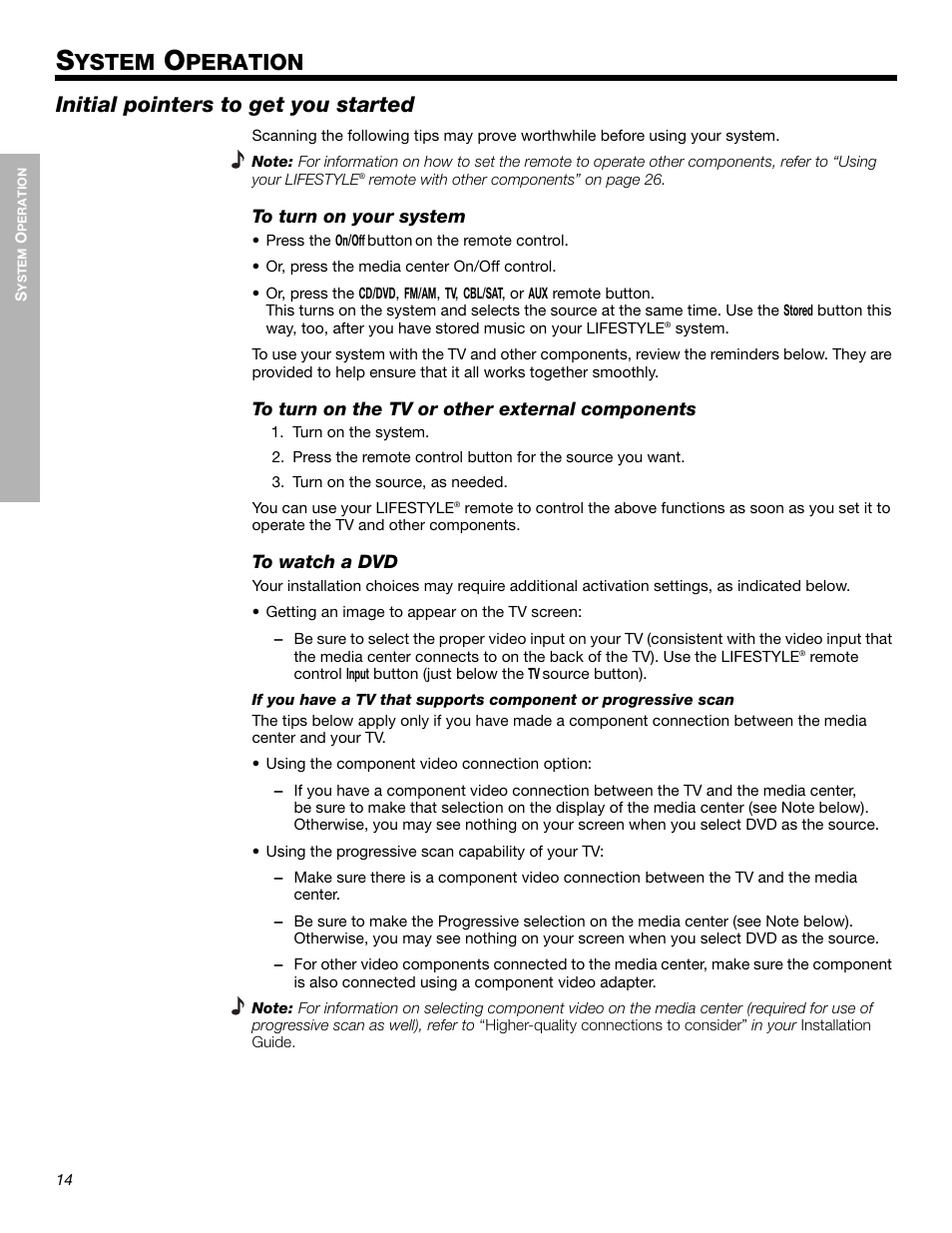 Ystem, Peration, Initial pointers to get you started | Bose LIFESTYLE 525p 625p User Manual | Page 14 / 68