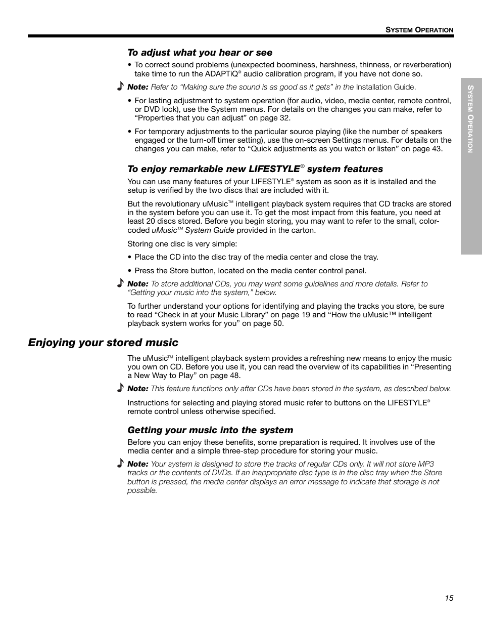 Enjoying your stored music, System features, Getting your music into the system | Bose LIFESTYLE 525p 625p User Manual | Page 15 / 68