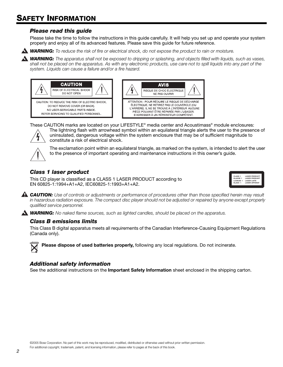 Afety, Nformation, Please read this guide | Class 1 laser product, Class b emissions limits, Additional safety information | Bose LIFESTYLE 525p 625p User Manual | Page 2 / 68