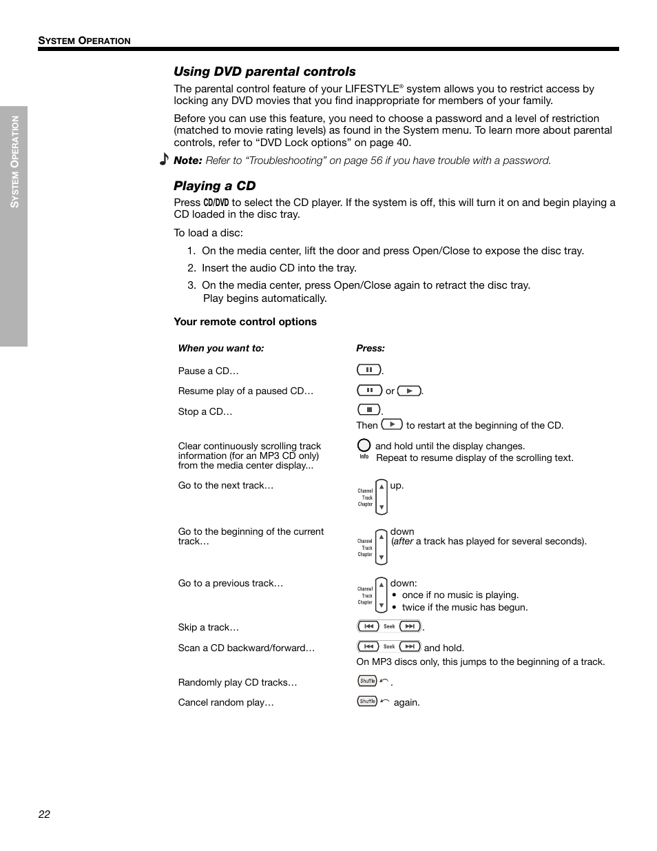 Using dvd parental controls, Playing a cd | Bose LIFESTYLE 525p 625p User Manual | Page 22 / 68