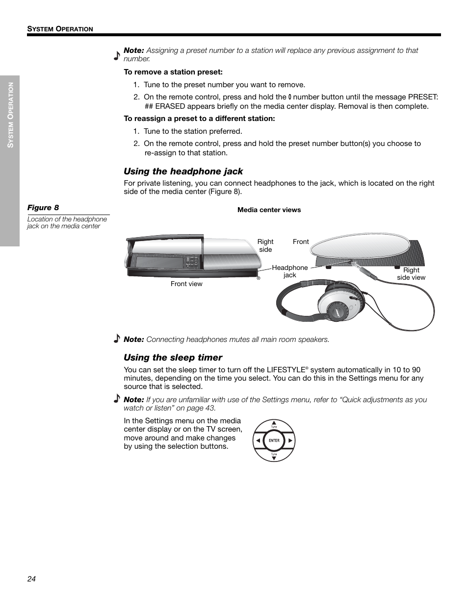 Using the headphone jack, Using the sleep timer | Bose LIFESTYLE 525p 625p User Manual | Page 24 / 68