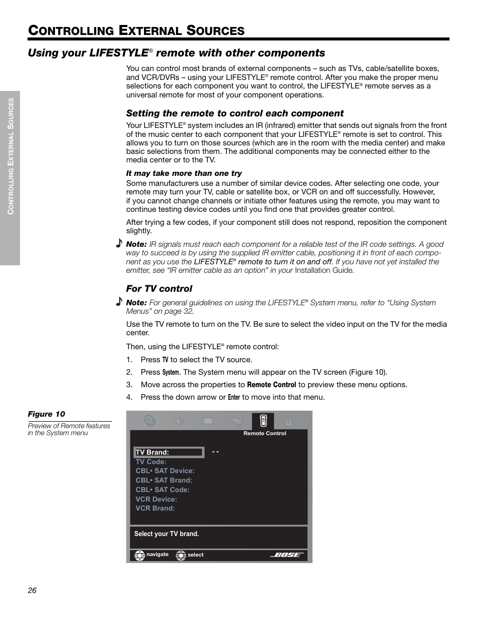 Ontrolling, Xternal, Ources | Using your lifestyle, Remote with other components | Bose LIFESTYLE 525p 625p User Manual | Page 26 / 68