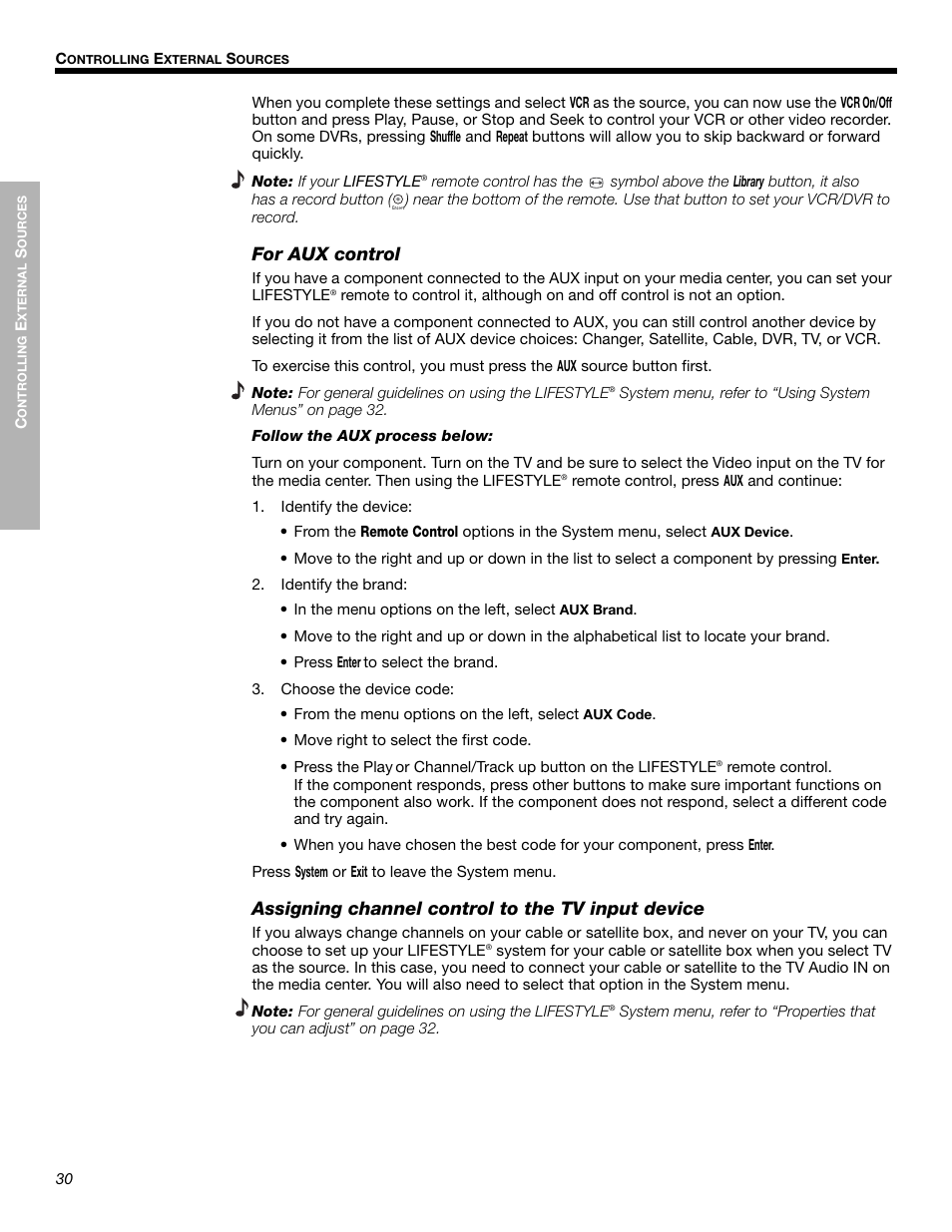 For aux control, Assigning channel control to the tv input device | Bose LIFESTYLE 525p 625p User Manual | Page 30 / 68