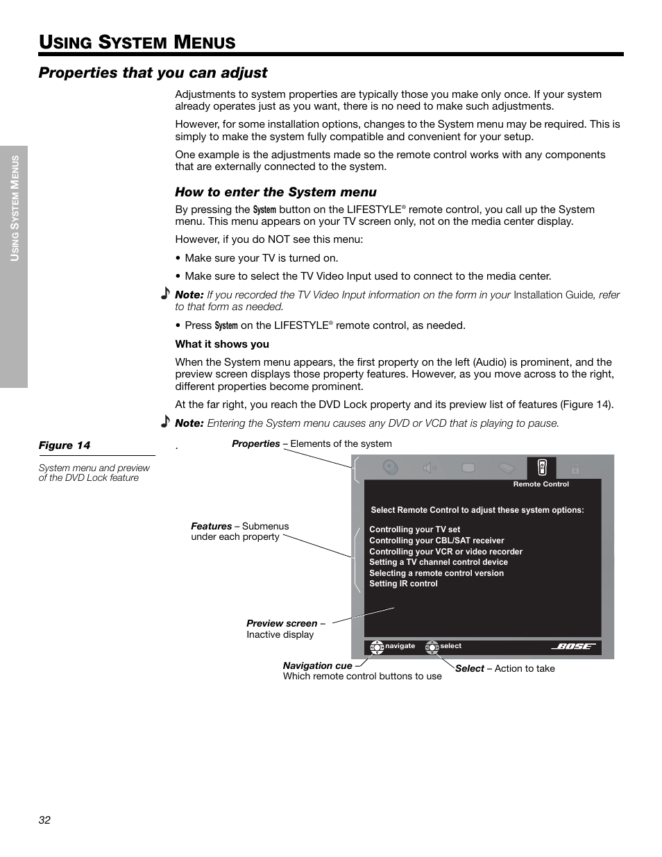 Sing, Ystem, Enus | Properties that you can adjust | Bose LIFESTYLE 525p 625p User Manual | Page 32 / 68