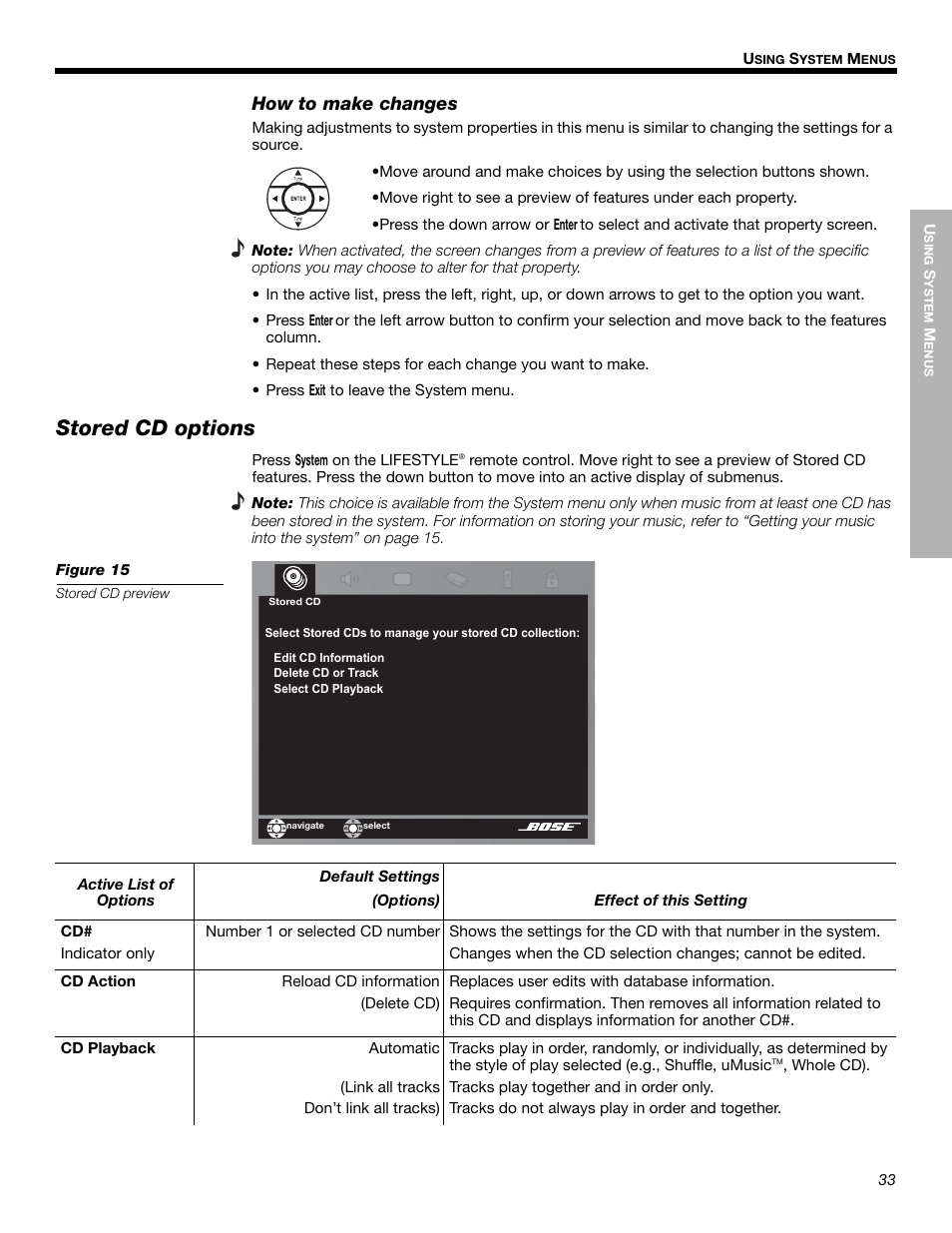 Stored cd options, How to make changes | Bose LIFESTYLE 525p 625p User Manual | Page 33 / 68