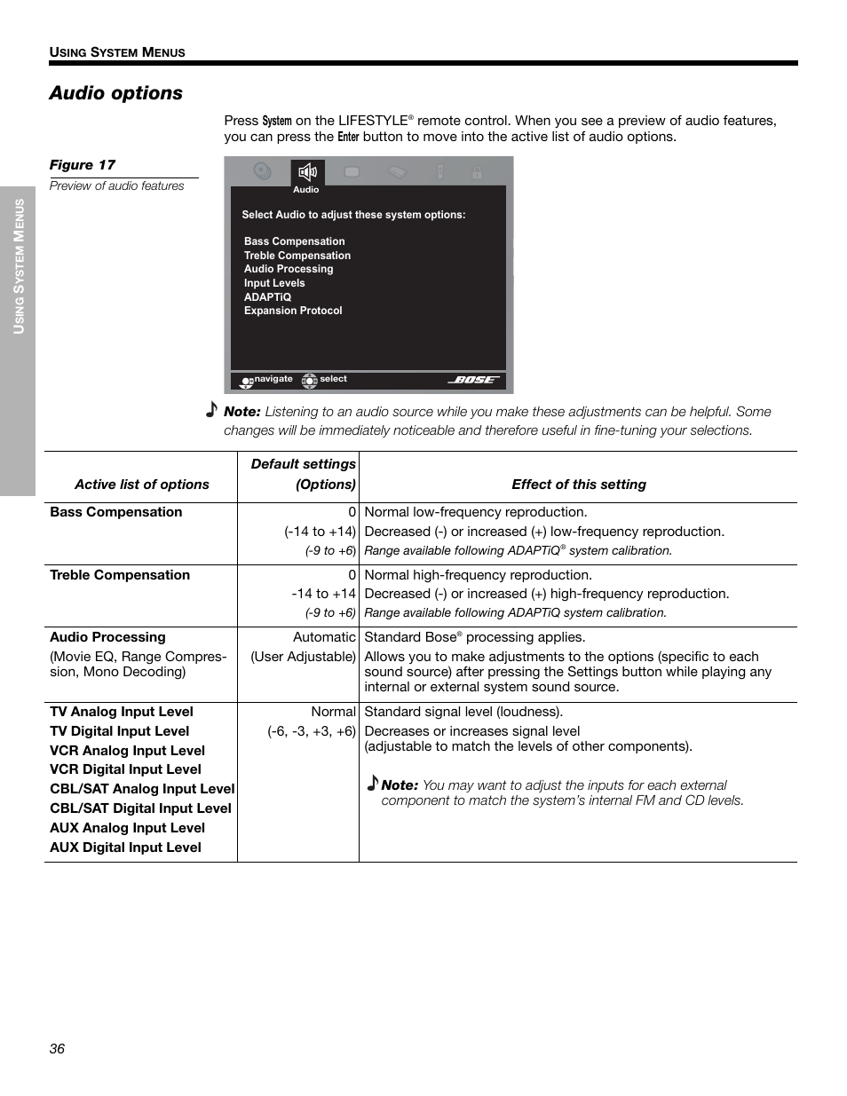 Audio options | Bose LIFESTYLE 525p 625p User Manual | Page 36 / 68