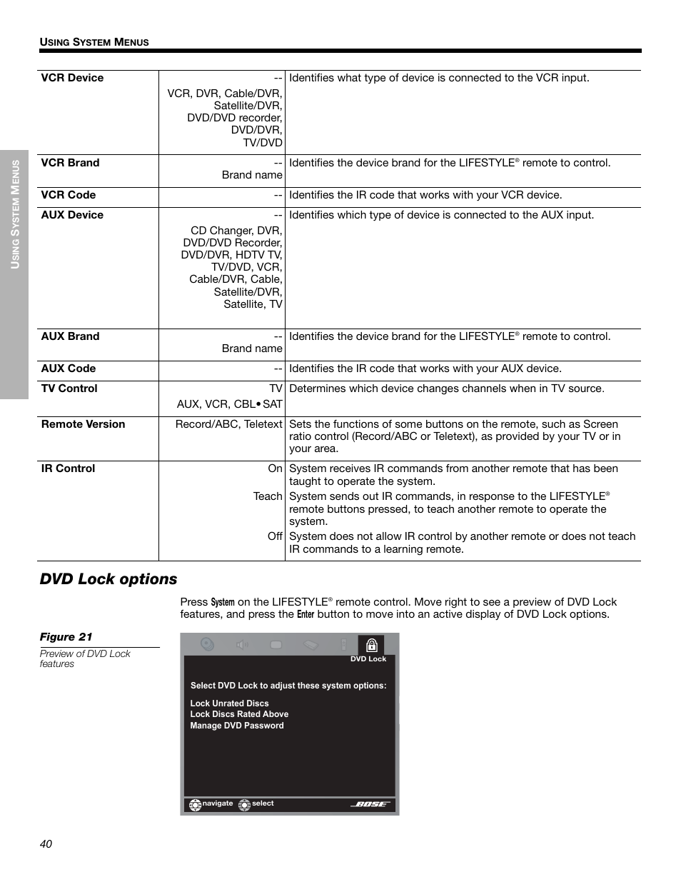 Dvd lock options | Bose LIFESTYLE 525p 625p User Manual | Page 40 / 68