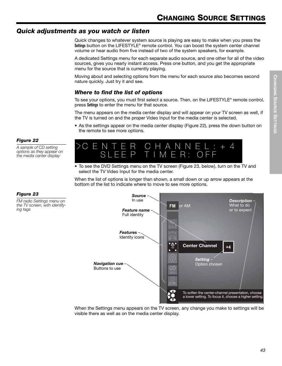 Hanging, Ource, Ettings | Quick adjustments as you watch or listen | Bose LIFESTYLE 525p 625p User Manual | Page 43 / 68