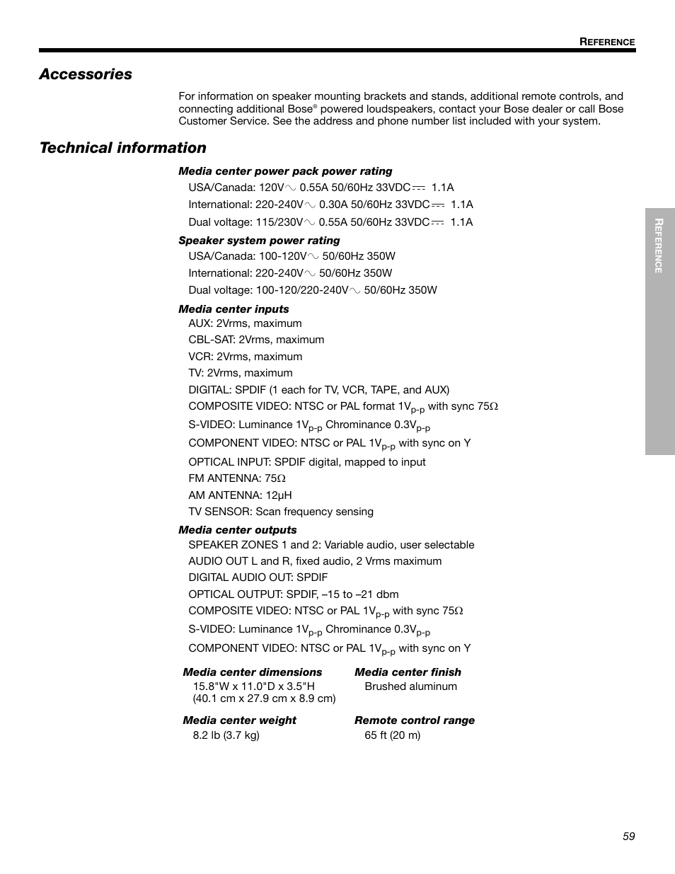 Accessories, Technical information | Bose LIFESTYLE 525p 625p User Manual | Page 59 / 68