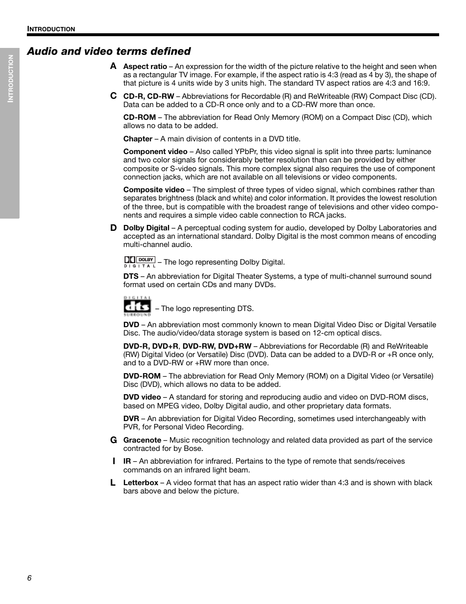 Audio and video terms defined | Bose LIFESTYLE 525p 625p User Manual | Page 6 / 68