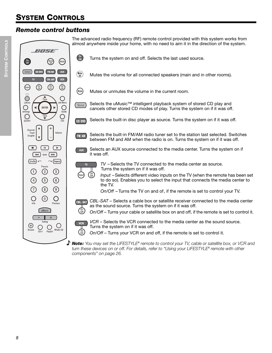 Ystem, Ontrols, Remote control buttons | Bose LIFESTYLE 525p 625p User Manual | Page 8 / 68