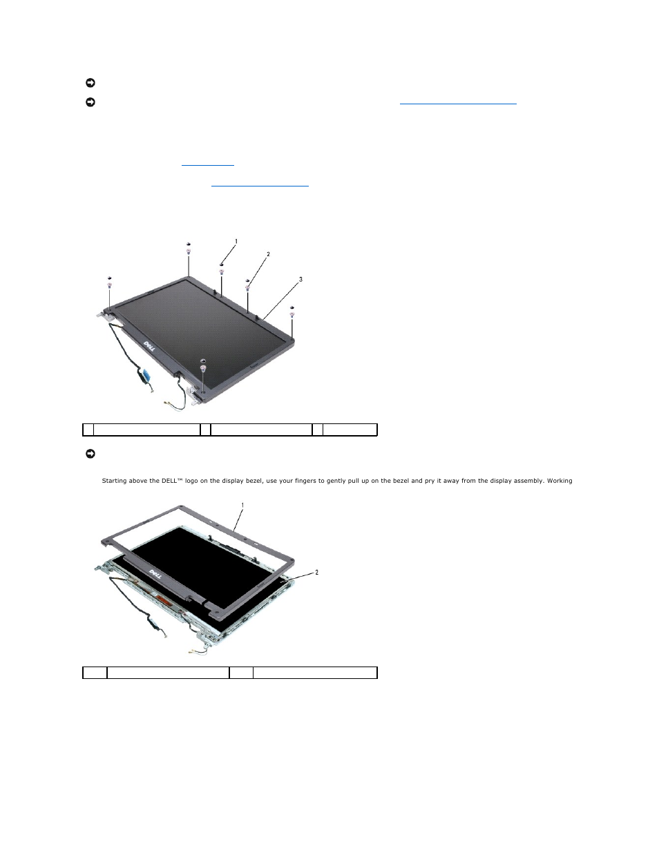 Removing the display bezel, Replacing the display bezel | Dell Vostro 1000 (Mid 2007) User Manual | Page 17 / 45