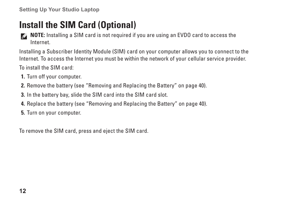 Install the sim card (optional) | Dell Studio 1749 (Early 2010) User Manual | Page 14 / 102
