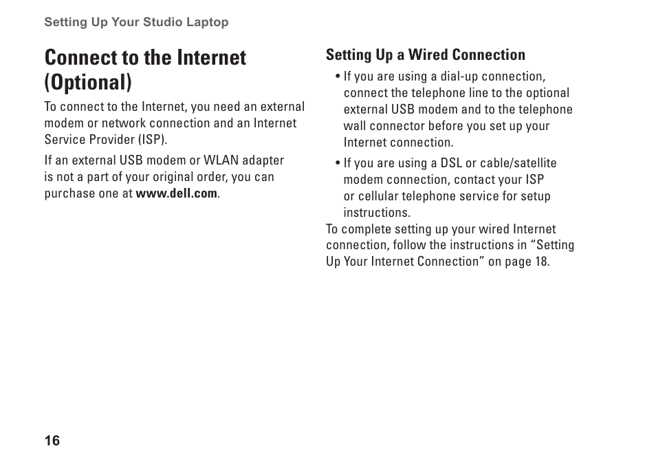 Connect to the internet (optional) | Dell Studio 1749 (Early 2010) User Manual | Page 18 / 102