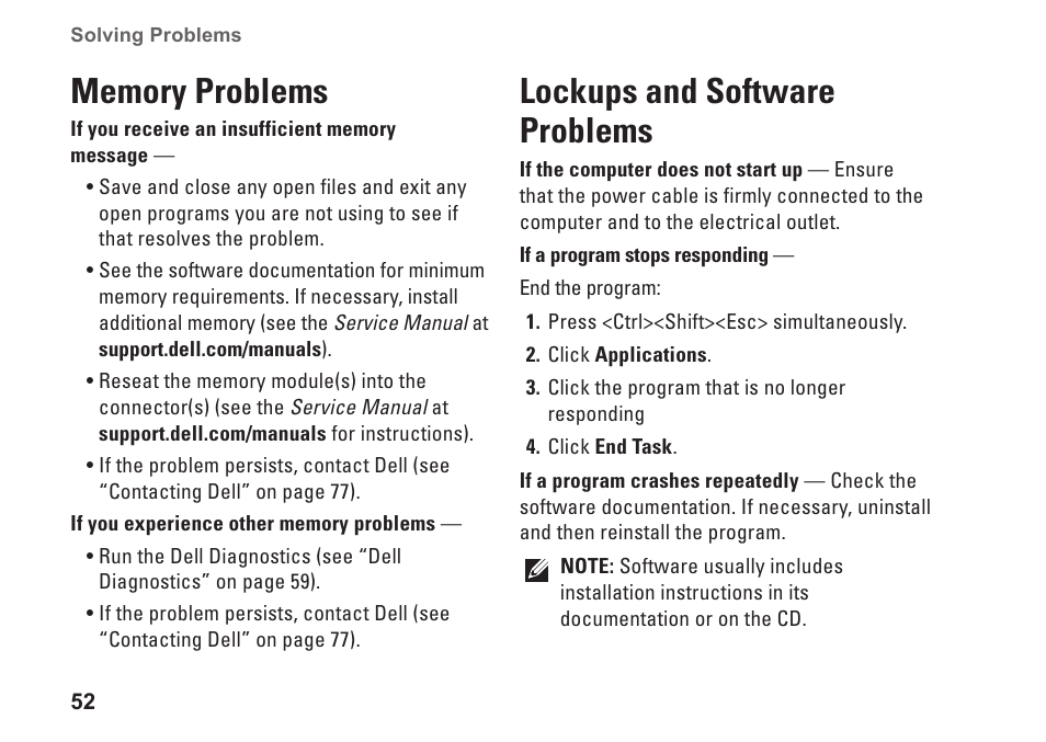 Memory problems, Lockups and software problems, Memory problems lockups and software problems | Dell Studio 1749 (Early 2010) User Manual | Page 54 / 102