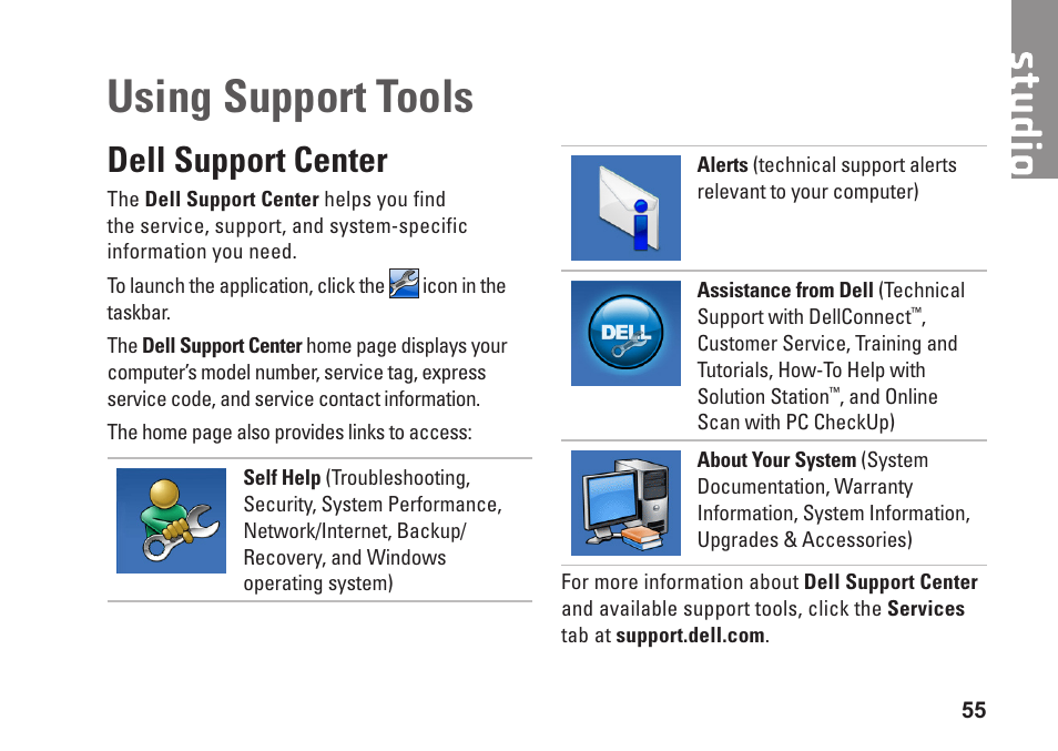 Using support tools, Dell support center | Dell Studio 1749 (Early 2010) User Manual | Page 57 / 102