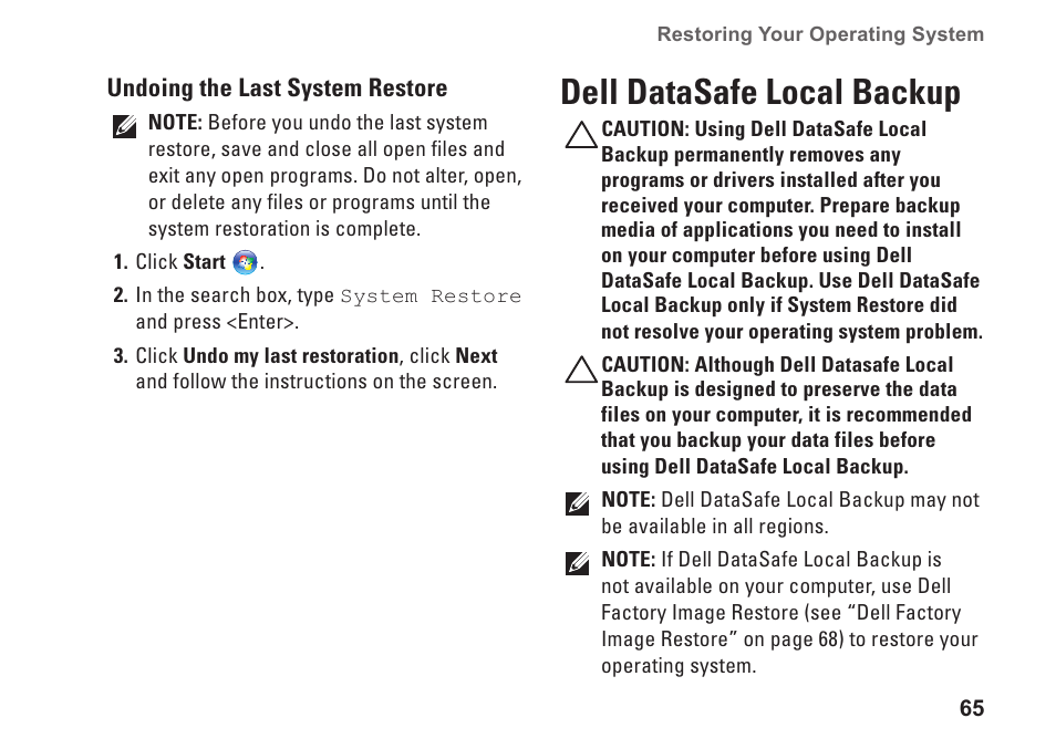 Dell datasafe local backup | Dell Studio 1749 (Early 2010) User Manual | Page 67 / 102