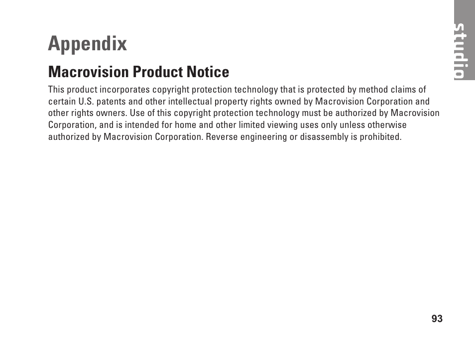 Appendix, Macrovision product notice | Dell Studio 1749 (Early 2010) User Manual | Page 95 / 102