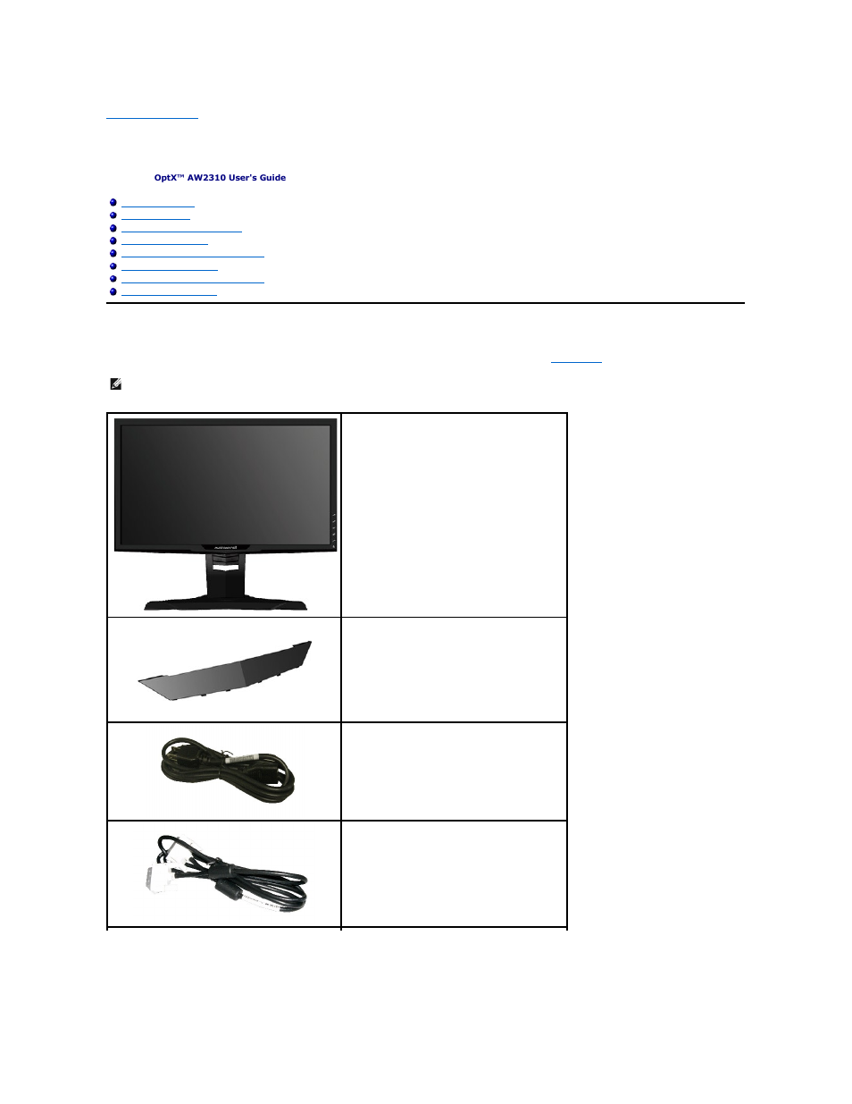 About your monitor, Package contents | Dell AW2310 Monitor User Manual | Page 2 / 34