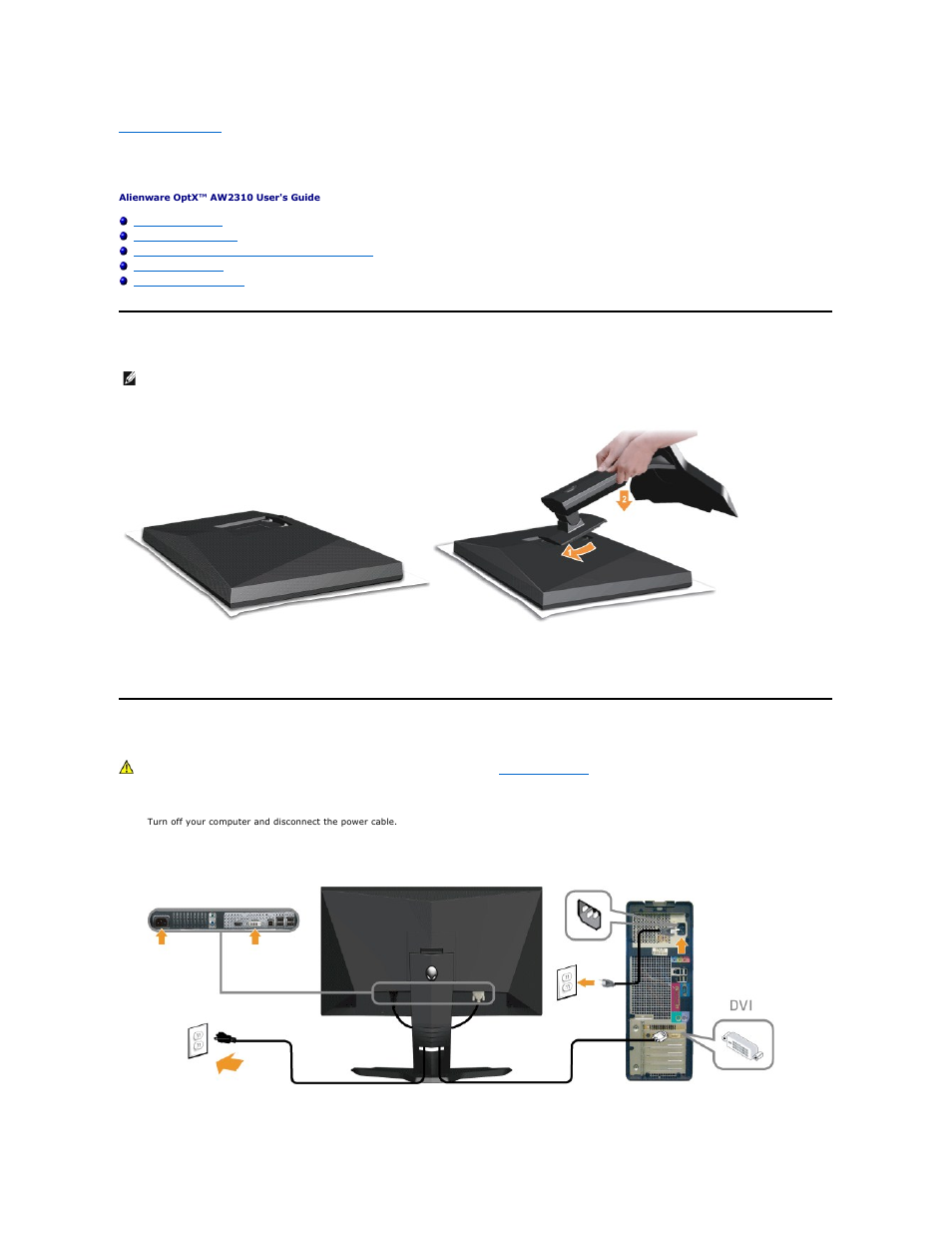Setting up the monitor, Attaching the stand, Connecting your monitor | Dell AW2310 Monitor User Manual | Page 27 / 34