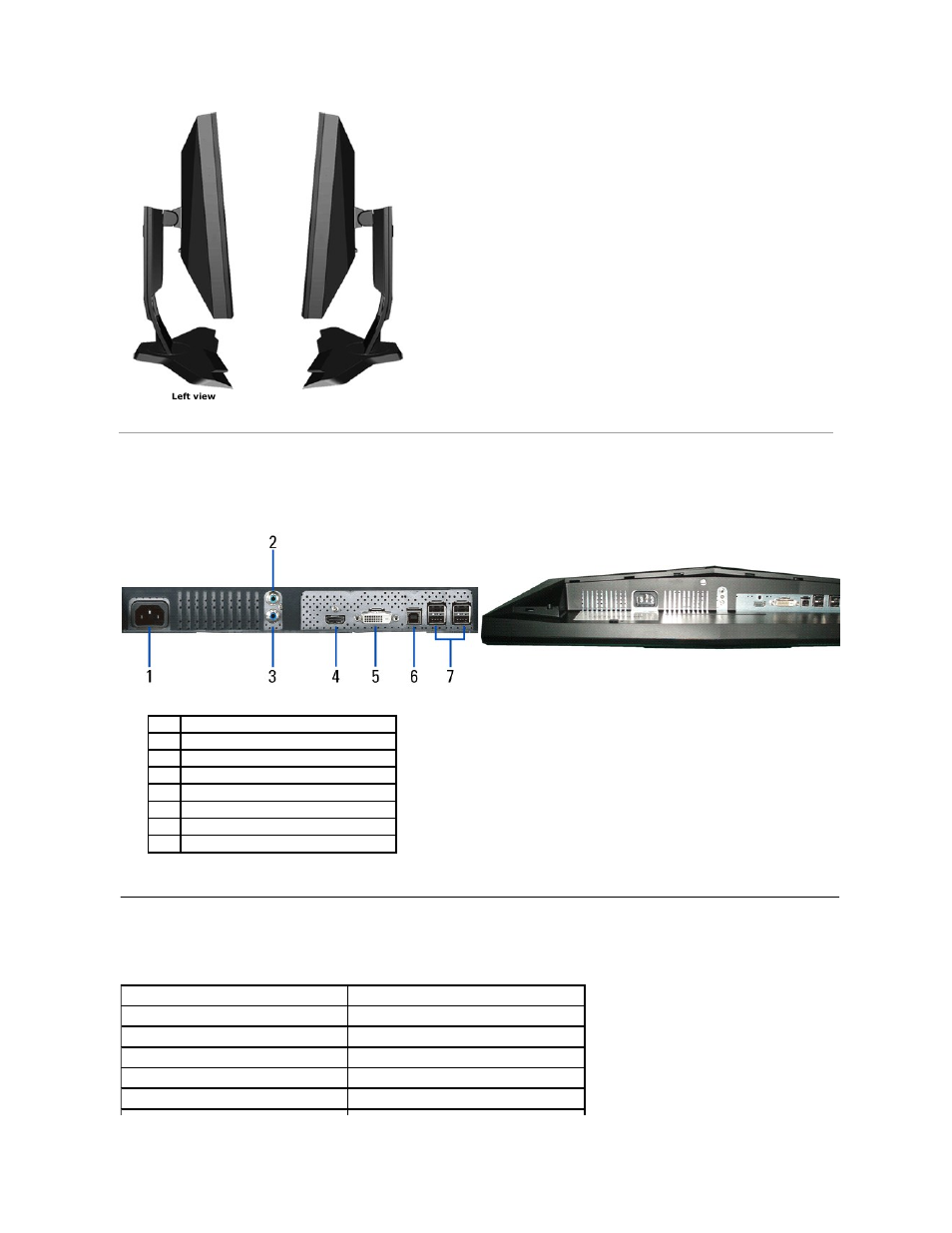 Monitor specifications, Bottom view, Flat panel specifications | Dell AW2310 Monitor User Manual | Page 5 / 34