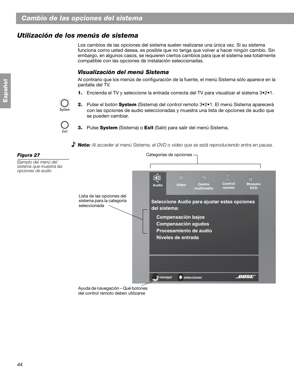 Español, Visualización del menú sistema | Bose 3.2.1 GS Series II User Manual | Page 100 / 180