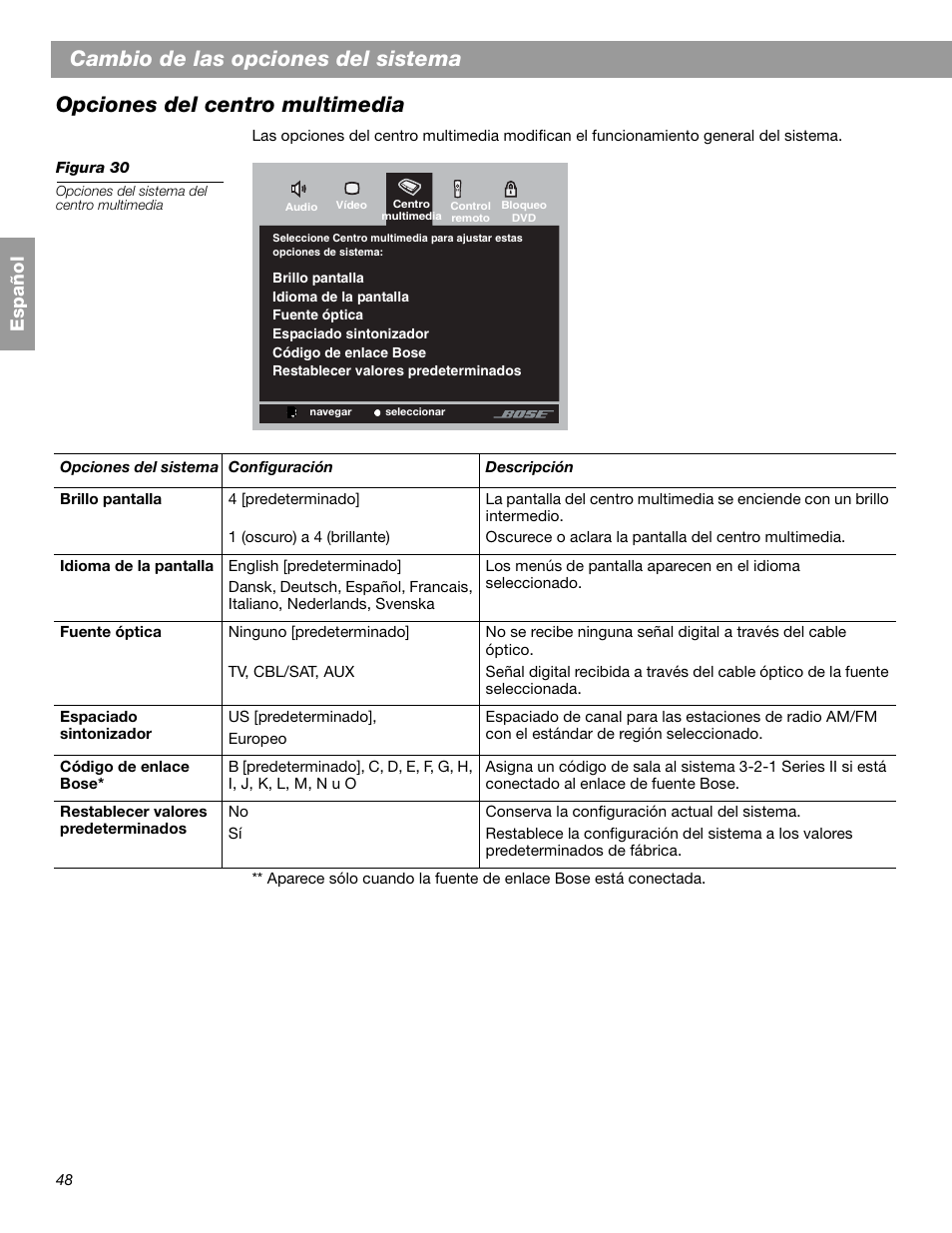 Cambio de las opciones del sistema, Opciones del centro multimedia, Español | Bose 3.2.1 GS Series II User Manual | Page 104 / 180