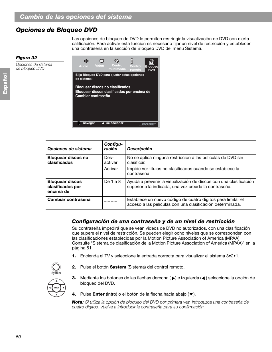 Cambio de las opciones del sistema, Opciones de bloqueo dvd, Español | Bose 3.2.1 GS Series II User Manual | Page 106 / 180