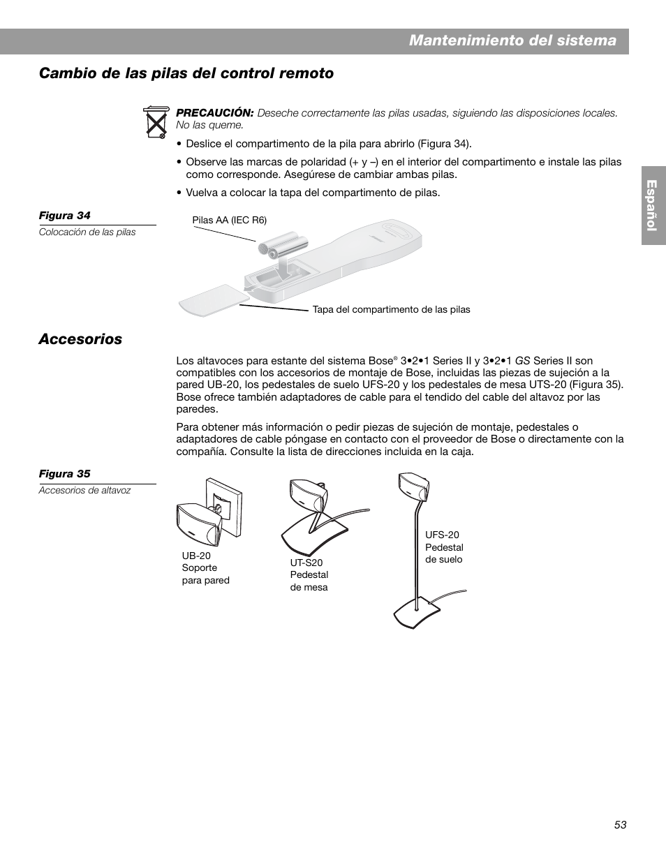 Mantenimiento del sistema, Cambio de las pilas del control remoto, Accesorios | Bose 3.2.1 GS Series II User Manual | Page 109 / 180