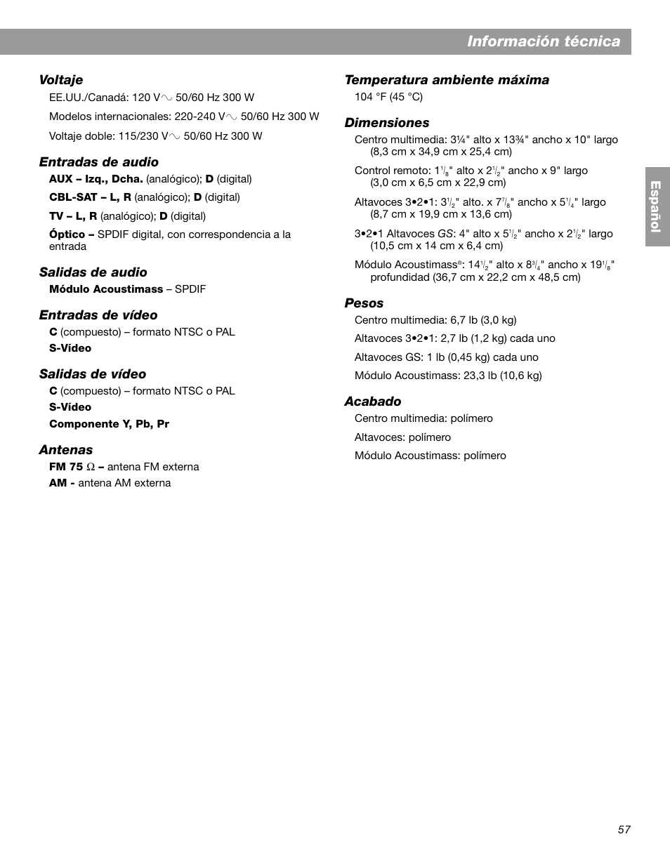 Información técnica, Español, Voltaje | Entradas de audio, Salidas de audio, Entradas de vídeo, Salidas de vídeo, Antenas, Temperatura ambiente máxima, Dimensiones | Bose 3.2.1 GS Series II User Manual | Page 113 / 180