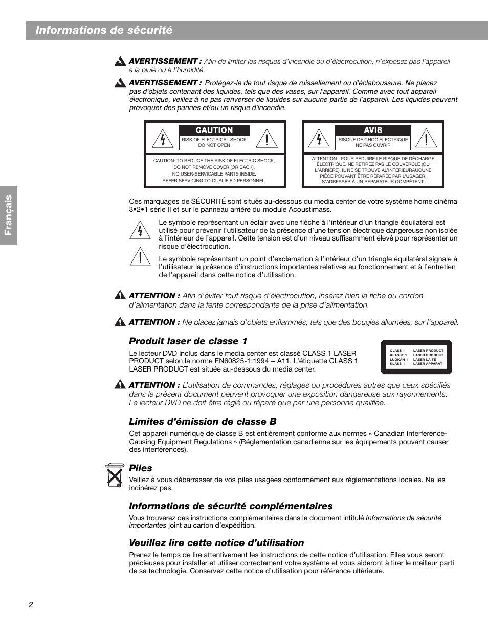 Informations de sécurité, Fr ança is, Produit laser de classe 1 | Limites d’émission de classe b, Piles, Informations de sécurité complémentaires, Veuillez lire cette notice d’utilisation | Bose 3.2.1 GS Series II User Manual | Page 114 / 180
