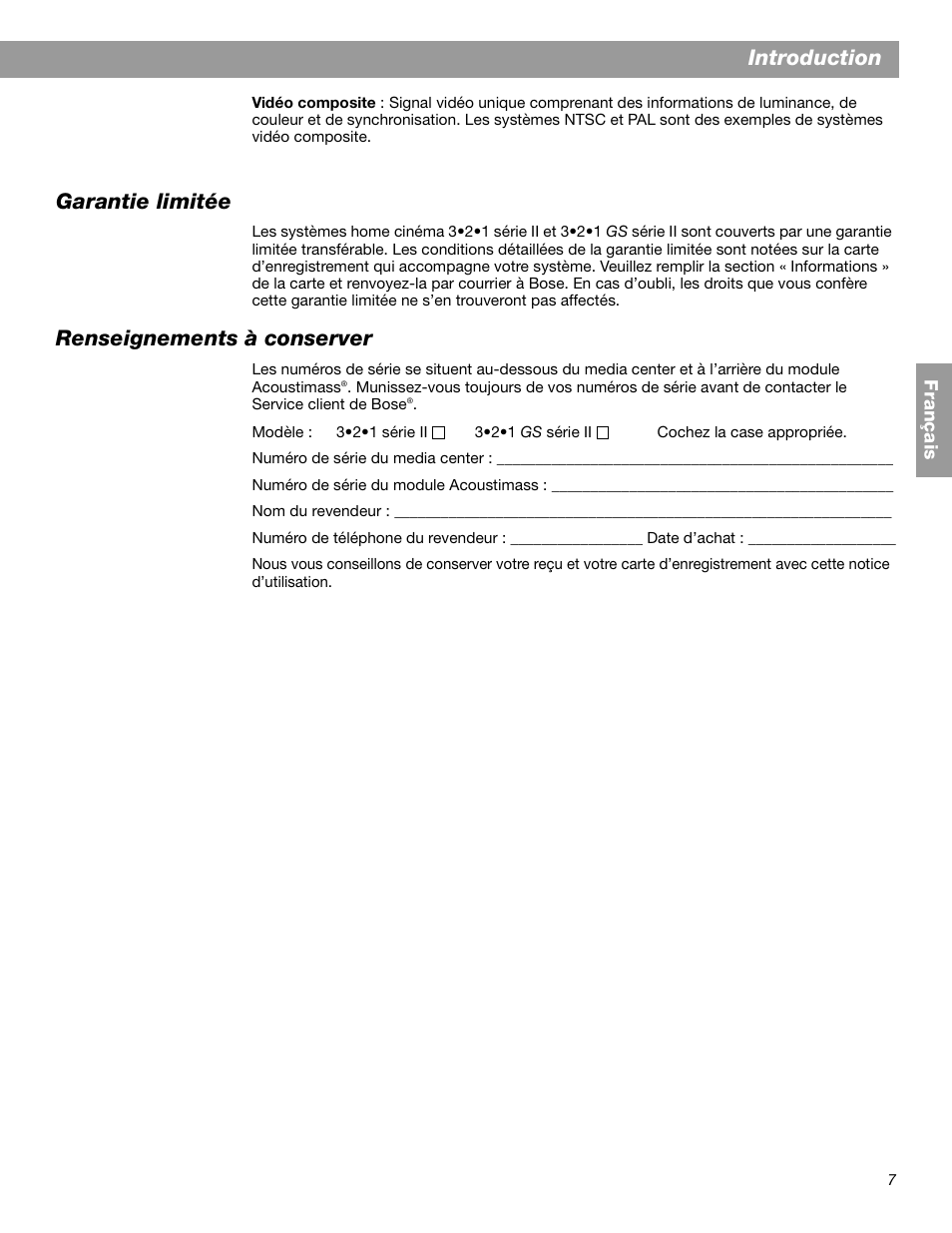 Introduction, Garantie limitée, Renseignements à conserver | Bose 3.2.1 GS Series II User Manual | Page 119 / 180
