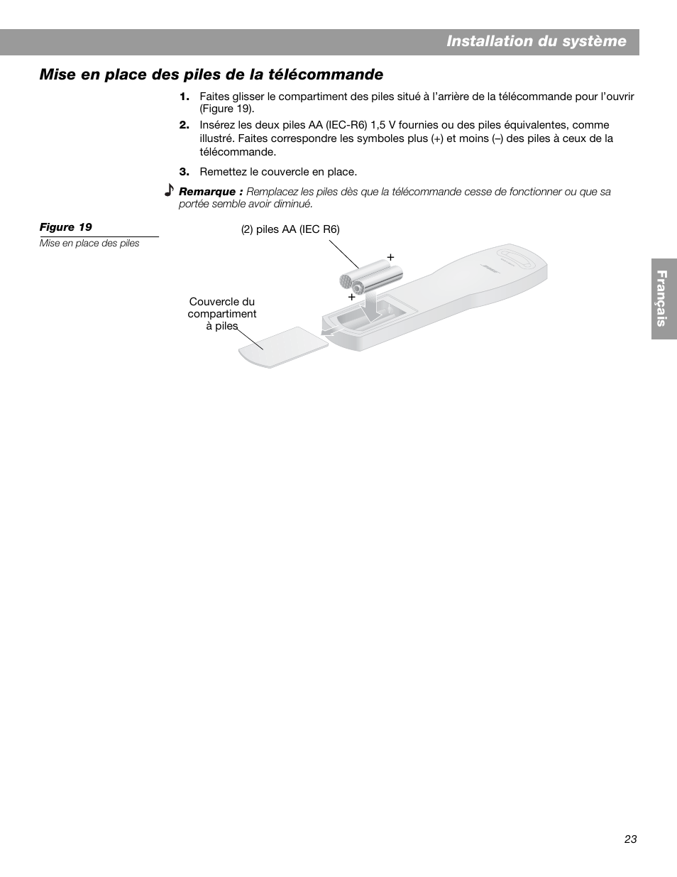 Installation du système, Mise en place des piles de la télécommande | Bose 3.2.1 GS Series II User Manual | Page 135 / 180