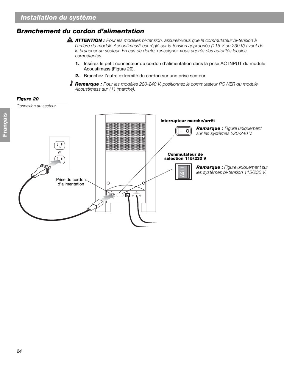 Installation du système, Branchement du cordon d’alimentation | Bose 3.2.1 GS Series II User Manual | Page 136 / 180
