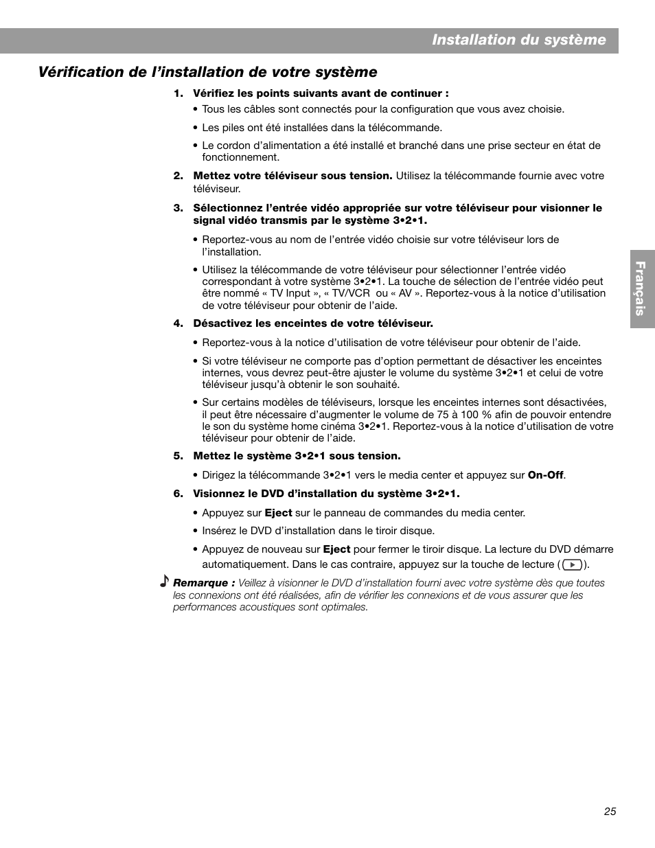 Installation du système, Vérification de l’installation de votre système | Bose 3.2.1 GS Series II User Manual | Page 137 / 180