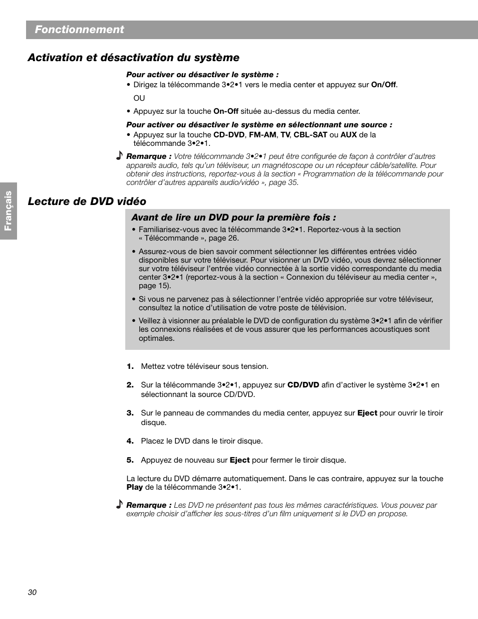 Lecture de dvd vidéo | Bose 3.2.1 GS Series II User Manual | Page 142 / 180