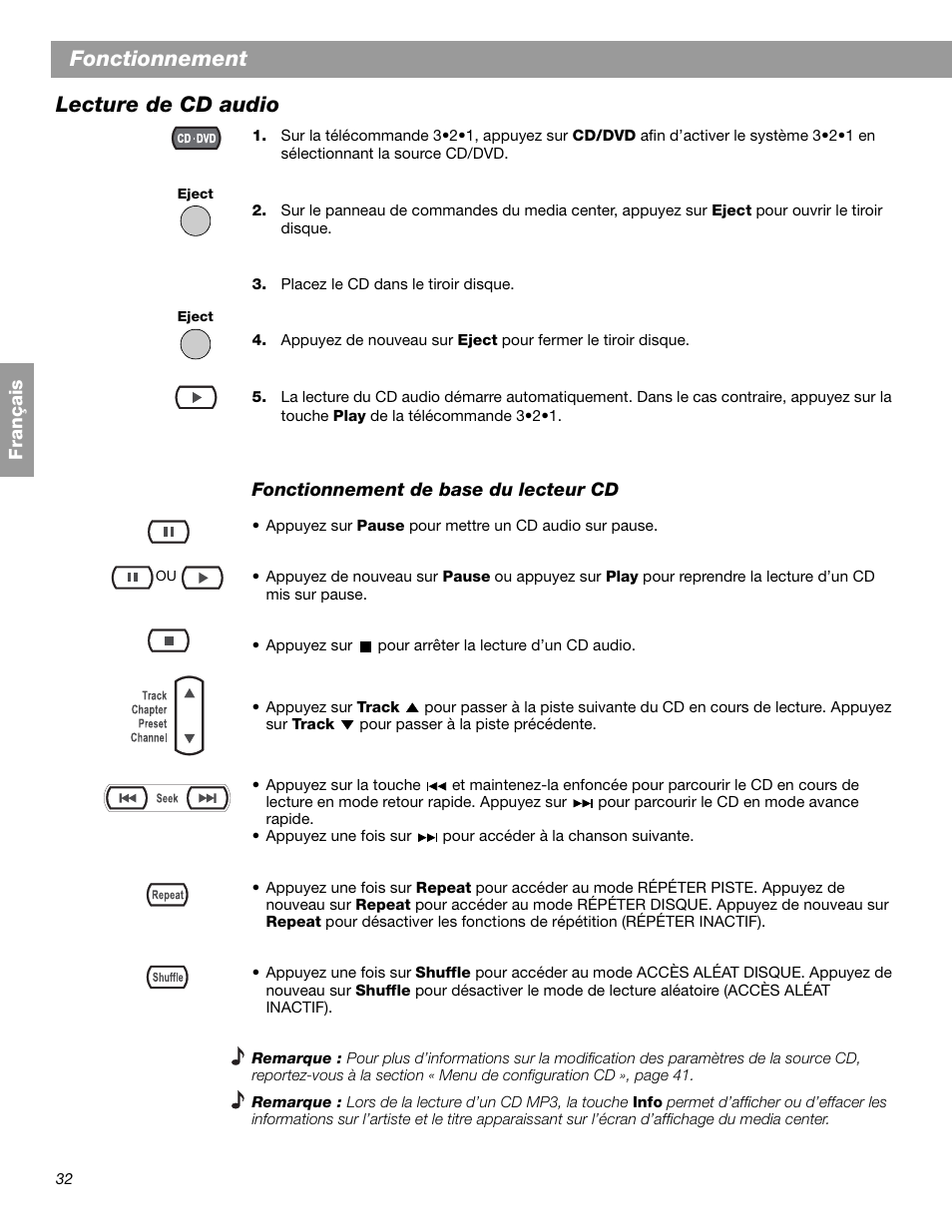 Fonctionnement, Lecture de cd audio | Bose 3.2.1 GS Series II User Manual | Page 144 / 180