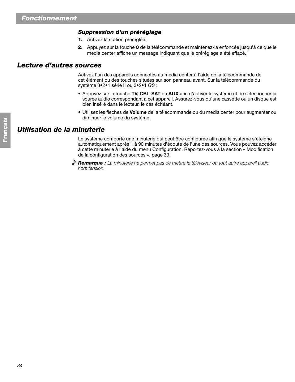 Fonctionnement, Lecture d’autres sources, Utilisation de la minuterie | Bose 3.2.1 GS Series II User Manual | Page 146 / 180