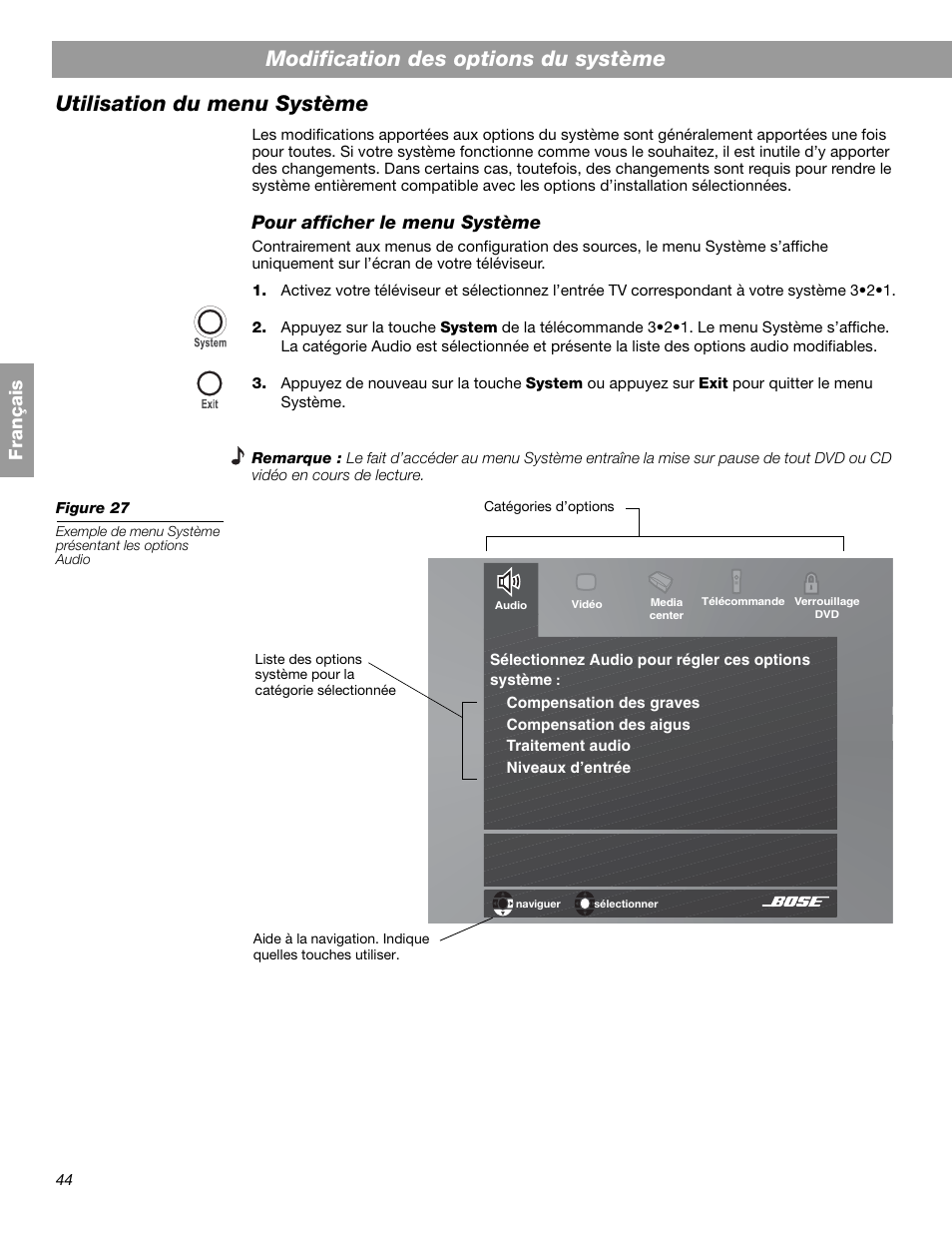 Fr ança is, Pour afficher le menu système | Bose 3.2.1 GS Series II User Manual | Page 156 / 180