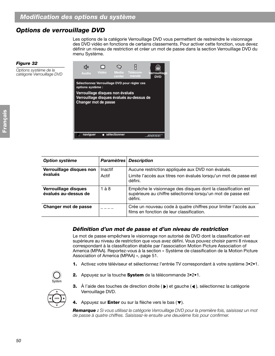 Modification des options du système, Options de verrouillage dvd, Fr ança is | Bose 3.2.1 GS Series II User Manual | Page 162 / 180