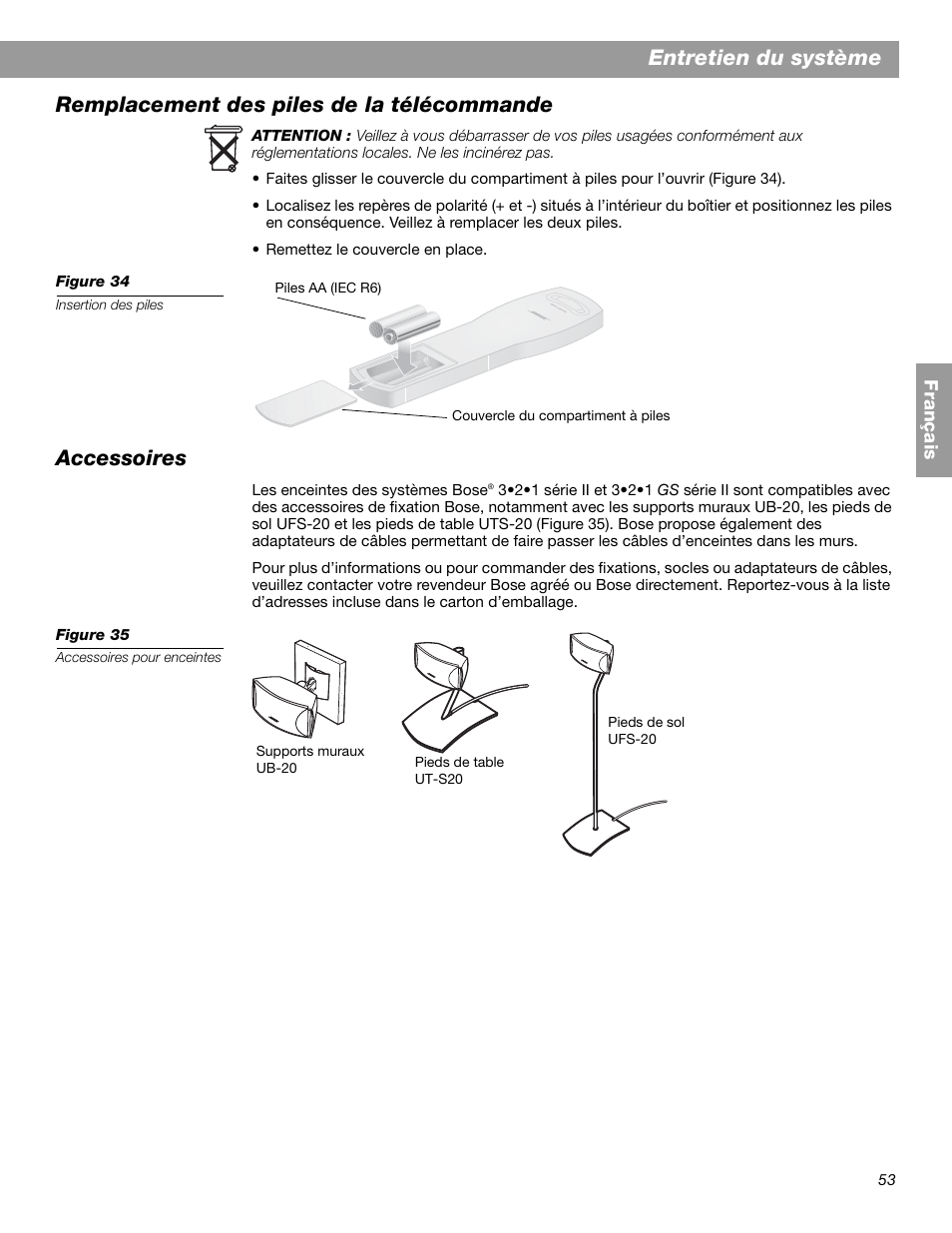 Entretien du système, Remplacement des piles de la télécommande, Accessoires | Bose 3.2.1 GS Series II User Manual | Page 165 / 180